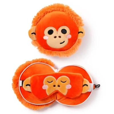 Image of Relaxeazzz Adoramals Orangutan Round Plush Travel Pillow &amp; Eye Mask Sleep Masks Kids Accessories For Sleeping Airplane Flight Plane Neck Pillows