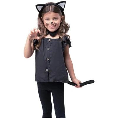 Image of Smiffys Cat Kit, Child, Black with Ears, Tail &amp; Bow Tie, Children&#039;s Animal Fancy Dress, Dress Up Accessories