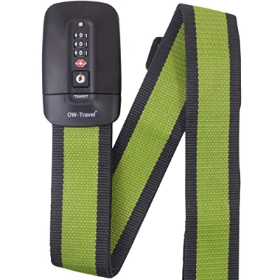Image of OW Travel Personalised Luggage Straps with Locks for Suitcases (1 Pack Grey/Green) Easy to Spot TSA Suitcase labels. Strap Lock Belt. Lockable