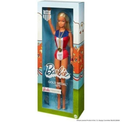 Image of Barbie 1975 Gold Medal Doll Reproduction, Wearing Olympics Themed One Piece and Accessory. with Stand Certificate of Authenticity, Gift for Collectors