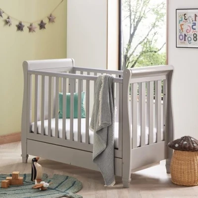 Image of Babymore Eva Sleigh Cot Bed Grey Drop Side Without Mattress, Baby With Teething Rail &amp; Drawer, Convertible to Toddler Day 3 Adjustable Base Positions (Grey)