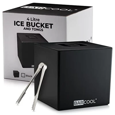 Image of Barcool Ice Bucket with Lid and Tongs 4 Litre Square &amp; Double Walled Insulation Perfect for Home Bars, Pubs, Restaurants, BBQs Picnics (Black)
