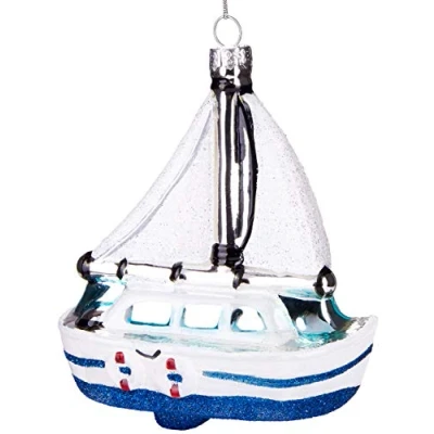 Image of BRUBAKER White Sailing Boat Hand Painted Glass Christmas Bauble Mouth Blown Tree Decoration Figures Funny Pendant Ball 4.7 inches (12 cm)