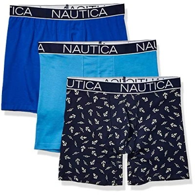 Image of Nautica Men&#039;s 3 Pack Classic Cotton Stretch Boxer Briefs, Aero Blue/Sea Cobalt/Anchor Printpeacoat, S