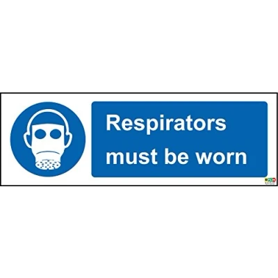 Image of Respirators Must be Worn Safety Sign Self Adhesive Sticker 150mm x 50mm