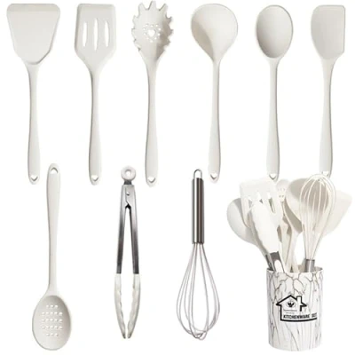Image of UXIYI Silicone Utensil Set Kitchen Utensils, 10pcs Cooking Utensils Set, Including Turner Spatula Tong Spoon Non Stick Heat Resistant,White