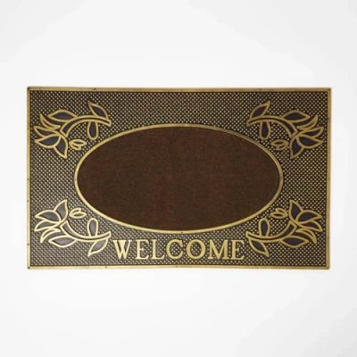 Image of HOMESCAPES Gold &#039;Welcome&#039; Rubber Door Mat Classic Style Doormat Non Slip Waterproof Indoor &amp; Outdoor Mat, 75 x 45 cm