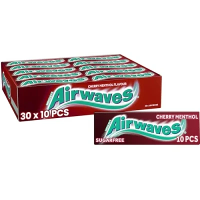 Image of Airwaves Cherry Menthol Sugarfree Chewing Gum, with Mint Freshness, 30 Packs of 10 Pieces
