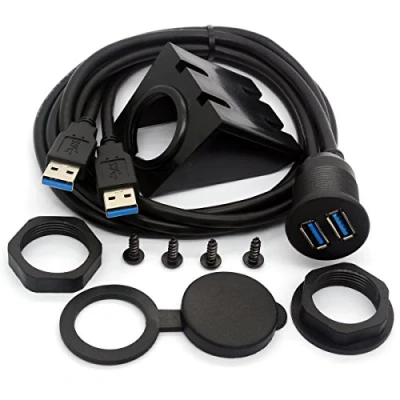 Image of HTGuoji USB 3.0 Flush Mount Cable, Dual Dash Panel Cable Male to Female Extension Code for Car Truck Boat Motorcycle Dashboard (1 Meter)