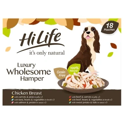 Image of HiLife it&#039;s only natural Wet Dog Food The Luxury Wholesome Hamper with Chicken Breast, Tuna, Salmon, Beef, Vegetables, Multipack of 36 Pouches x 100g
