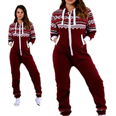 Image of Parsa Fashions New Womens Ladies Aztec Print Hooded Zip Up Onesie Jumpsuit, Wine, S UK 8
