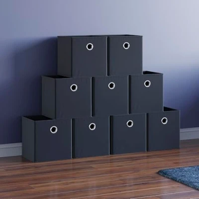 Image of Vida Designs Durham Foldable Storage Cube Baskets Fabric Box With Metal Easy Access Handle Home Organiser (Black, 9 Pack)
