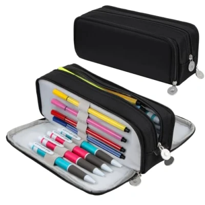 Image of Chelory Pencil Case Large Capacity Cases Big Storage Pen Bag for Boys Girls School College Office Stationary Organizer Travel Makeup Men Women, Black