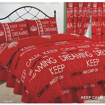 Image of Keep Calm &amp; Carry On Dreaming/Sleeping, Red/White/Black, Double Bed Duvet/Quilt Cover + Fitted Valance Sheet 2 Pillowcases Complete Bedding Set
