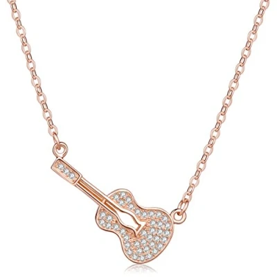 Image of Yumilok Jewelry 925 Sterling Silver Cubic Zirconia Rose Gold Plated Guitar Pendant Necklace for Women/Girls