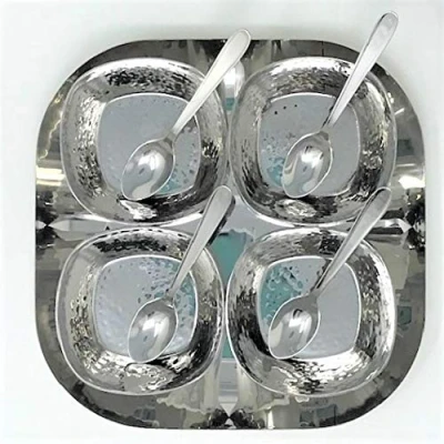 Image of 9 Piece Stainless Steel Square Tray with Hammered Bowl/Spoons Relish Serving Dishes Set
