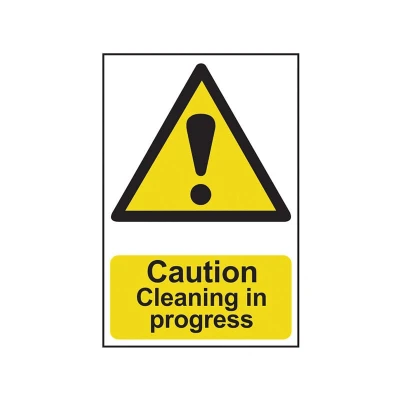 Image of Scan SCA1114 Self adhesive PVC sign Caution Cleaning in progress 200 x 300mm