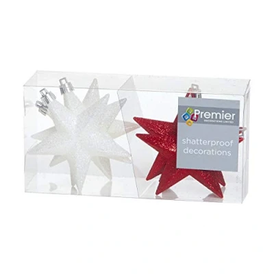 Image of Shatterproof Christmas Stars 6 Pack 100mm Premier Tree Decoration, glitter Star Baubles (Red and White 4235)