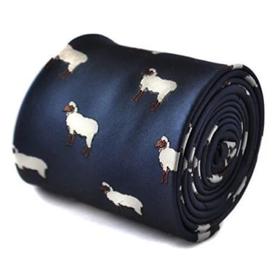 Image of Frederick Thomas navy tie with sheep embroidered design signature floral to the rear