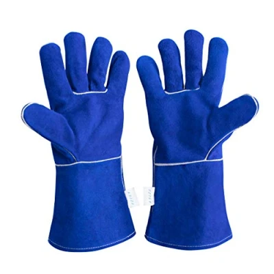 Image of FZTEY Heat Resistant Fire Proof Guant, Welding High Temperature Gloves, Stove Long Leather Welders Thermal Gauntlets For BBQ,Mig,Log Burner, Woodburning,Fireplace (Blue)