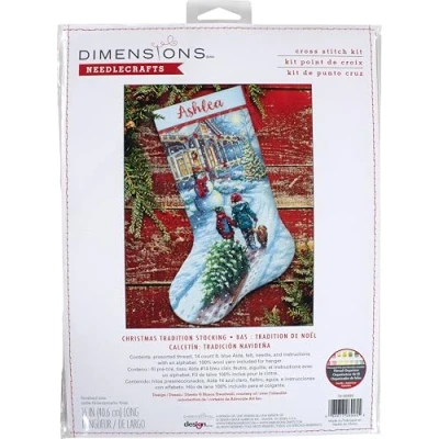 Image of Dimensions 70 08995 Holiday Tradition DIY Personalizable Christmas Cross Stitch Stocking Kit, 16&quot; L, 14 Count Light Blue Aida, Various