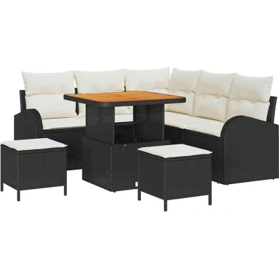 Image of vidaXL 8 Piece Garden Sofa Set with Cushions Black Poly Rattan Acacia
