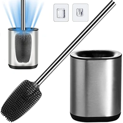 Image of Bingobang Toilet Brush and Holder Set 304 Stainless Steel,Silicone Head,Toilet Cleaner for Bathroom (Silver)