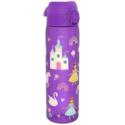 Image of Ion8 500ml Water Bottle, BPA Free, Leakproof, Dishwasher Safe, Easy Open, Secure Lock, Clear Drinks Bottle for Boys &amp; Girls, Small Gym Sports Drinking 500ml, Purple, Princess Design