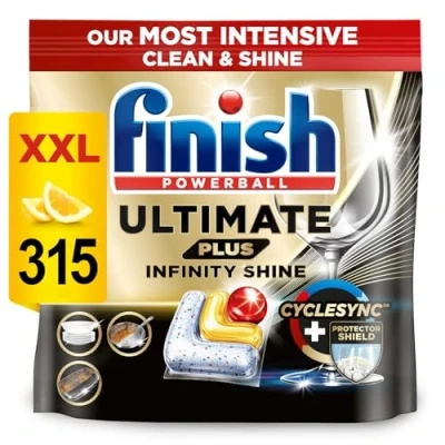 Image of Finish Ultimate Plus Infinity Shine Dishwasher Tablets bulk Scent : Lemon Size: 315 tabs (105 x 3) For Unbeatable* Clean and Diamond