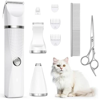 Image of Bautrium Cat Grooming Clippers Kit, Low Noise Shaver for Matted Fur Claw Paw Trimmer Dogs with Stainless Steel Scissors Combs &amp; USB C Charging Cable