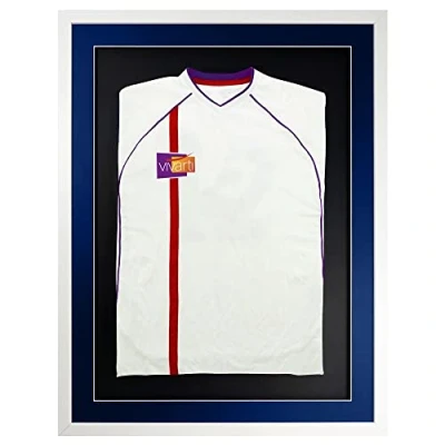 Image of Vivarti DIY Adult 3D Mounted Sports Shirt Display Frame for Football Shirt, Rugby Band T Shadow Box 60 x 80cm Gloss White Frame, Blue Mount, Black Backing Card