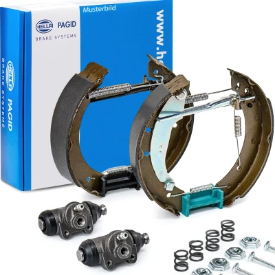 Image of 171609525A, 171609526A, 171609527F, 171609528F, 171698525AX Brake Set, drum brakes HELLA Shoe Kit Pro 8DB 355 003 711 VOLKSWAGEN: GOLF 1 Cabriolet