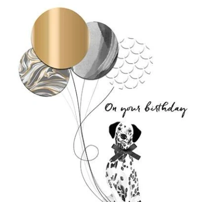 Image of Contemporary Handmade Female Birthday Card from The Stunning Haute Couture Range Dalmatian and Balloons with a Sophisticated Foil Finish Greeting for Her (TP HCE30009)