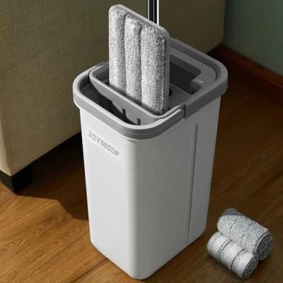 Image of JOYMOOP Mop and Bucket with Wringer Set, Hands Free Flat Floor Bucket, 3 Washable Microfiber Pads, Wet Dry Use, Cleaning System