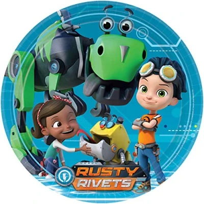 Image of amscan 11012266 Blue Round Paper Plates with Rusty Rivets Theme 8 Pcs, Colour
