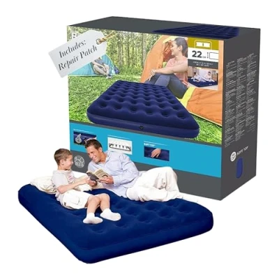 Image of Topline Double Mattress Air Bed Inflatable Queen Blue with Repair Patch. Inflatable, Portable for Camping, Guests