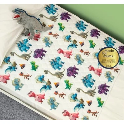 Image of Bedwetz Potty Training Bed Pads 2 Pack 100% Waterproof Mattress Protector Bedwetting Sheets, size fits Single &amp; Toddler Beds Non Slip Mat with Side Wing Tucks UK Brand Dinosaur