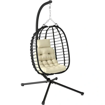 Image of Outsunny Rattan Hanging Egg Chair, Foldable Wicker Hammock Swing Chair with Cushion, Stand, Adjustable Height, Head Pillow, Steel Frame for Garden Patio Indoor Outdoor, Cream White