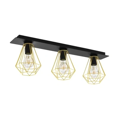 Image of EGLO Flush ceiling light Tarbes 2, 3 lamp lighting made of black metal and brass, rectangular living room hallway with E27 socket, 30 inches