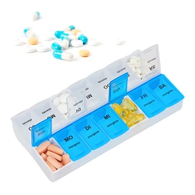 Image of Relaxdays Pill Organiser for 7 Days, 2 Compartments, Morning and Evening, Weekly Box Home &amp; Travels, White Blue