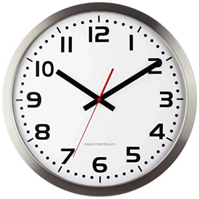 Image of Eurotime Radio Wall Clock, 40 cm, Stainless Steel Case, Real Glass, Clear 12 Digit Dial, Automatic Time and Adjustment, for Living Area or Office, Red Seconds, Indoor Use Only, 59990 07