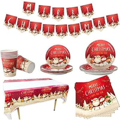 Image of KAHEIGN 118Pcs Christmas Party Tableware Set, 1 x Tablecloth, Banner, 20 Napkins, 16 Cups, Plates 7inch &amp; 8.6inch, Reusable Knife Fork Spoon for Decoration