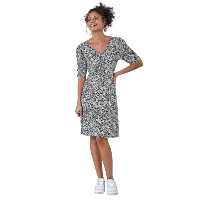 Image of Roman Originals Tea Dress for Women UK Ladies Skater Swing Fit &amp; Flare Flattering Summer Knee Length Frill Hem Ruched Chest Casual Smart Cocktail Party Going Out Black White Size 12