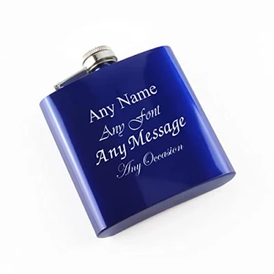 Image of Personalised Engraved 6oz Blue Painted Stainless Steel Pocket Hip Flask, Any Message Design, Gift for Him, Grandad, Fathers Day Gift, Stag Do in The UK