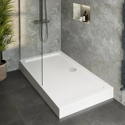 Image of Hydrolux 1200 x 700 140mm White Bathroom Shower Tray for Enclosures Cubicles &amp; Wet Room with Waste + Riser Kit, Rectangular