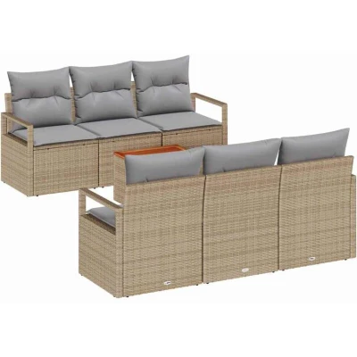 Image of vidaXL 7 Piece Garden Sofa Set with Cushions Beige Poly Rattan Acacia