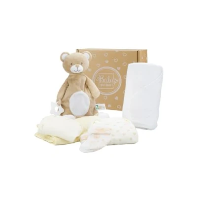 Image of Baby Box Shop 6 Essentials for Newborn Unisex, Ideal Shower Gifts &amp; Christening Gifts, Includes a Comforter, Cream Hooded Towel, Muslin Cloth, Bodysuit, Bib Socks