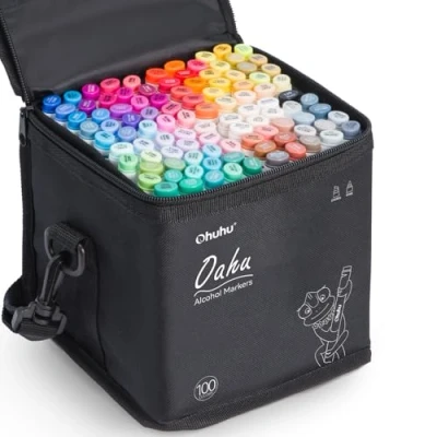 Image of Ohuhu 100 Colours Dual Tip Marker Pens, Alcohol Animation Design with Black Bag for Adults Children Sketching Drawing Painting