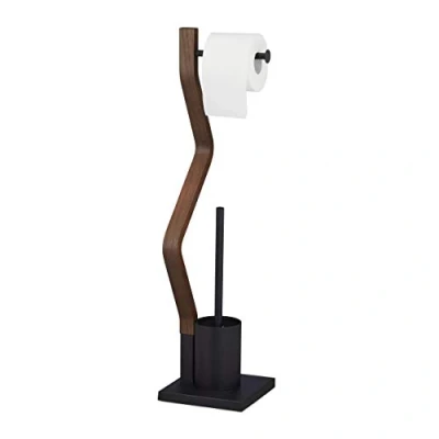Image of Relaxdays WC Set, Toilet Paper, Upright Stand, Bathroom Brush and Holder, HWD: 75 x 18.5 cm, Black/Brown, Steel 50% fibreboard, cm