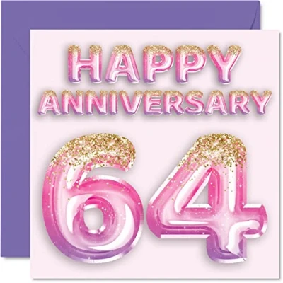 Image of Pretty 64th Anniversary Card for Wife Girlfriend Husband Boyfriend Pink Purple Glitter Balloons Happy 64 Cards from Family, 145mm x Greeting Sixty Fourth Anniversaries